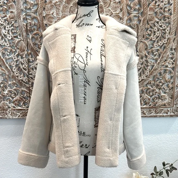 PLM Pascale La Mode Short Faux Wool Shearling, Suede Coat, Button Front, NWT - Picture 8 of 16